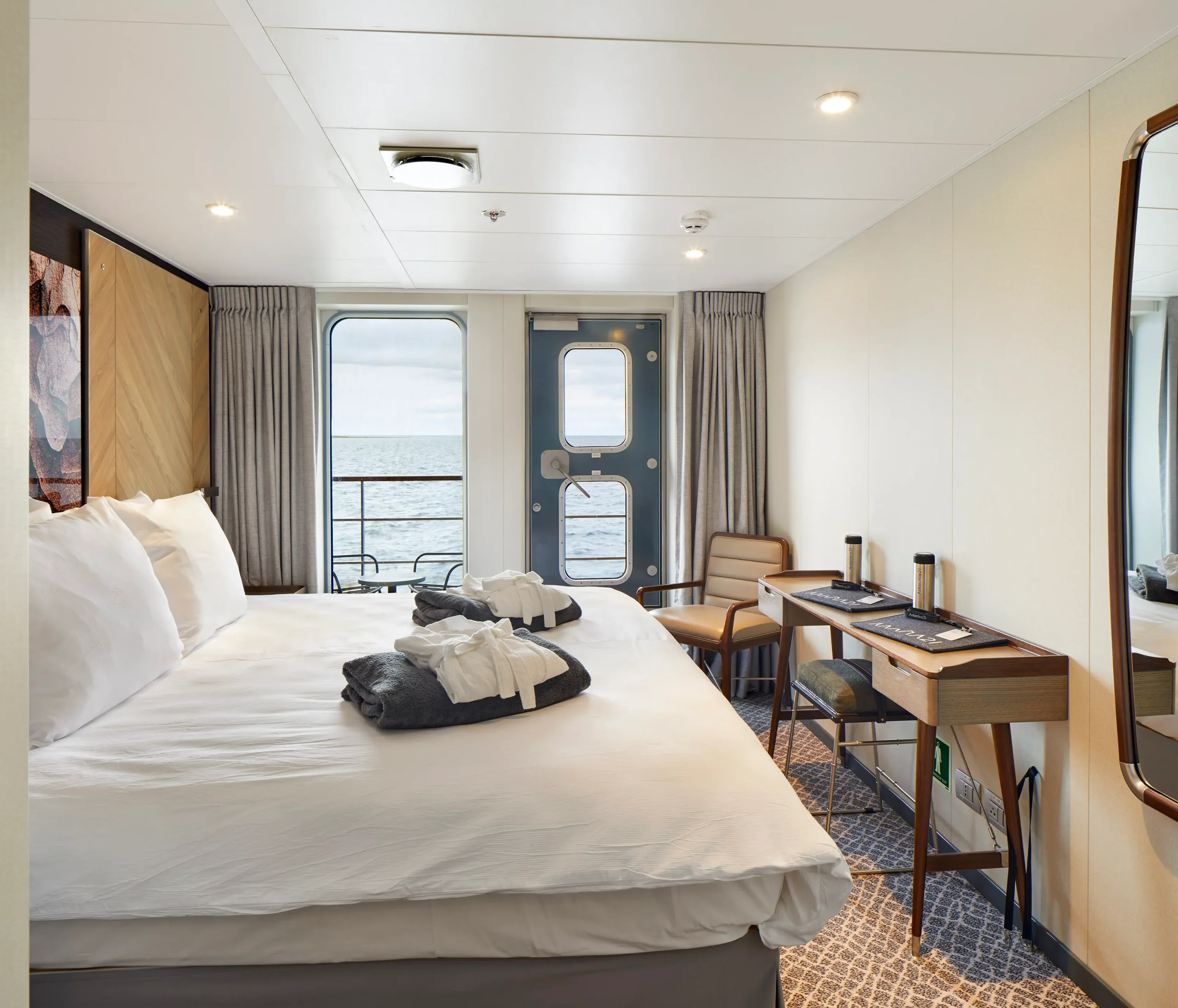 Luxury cabin bedroom aboard Antarctic expedition ship