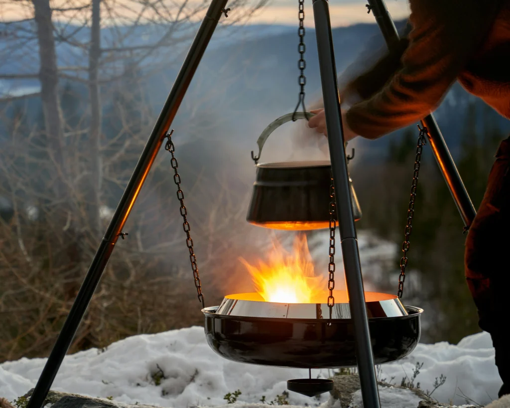 Aman cooking food in the outdoors on a fireplace.