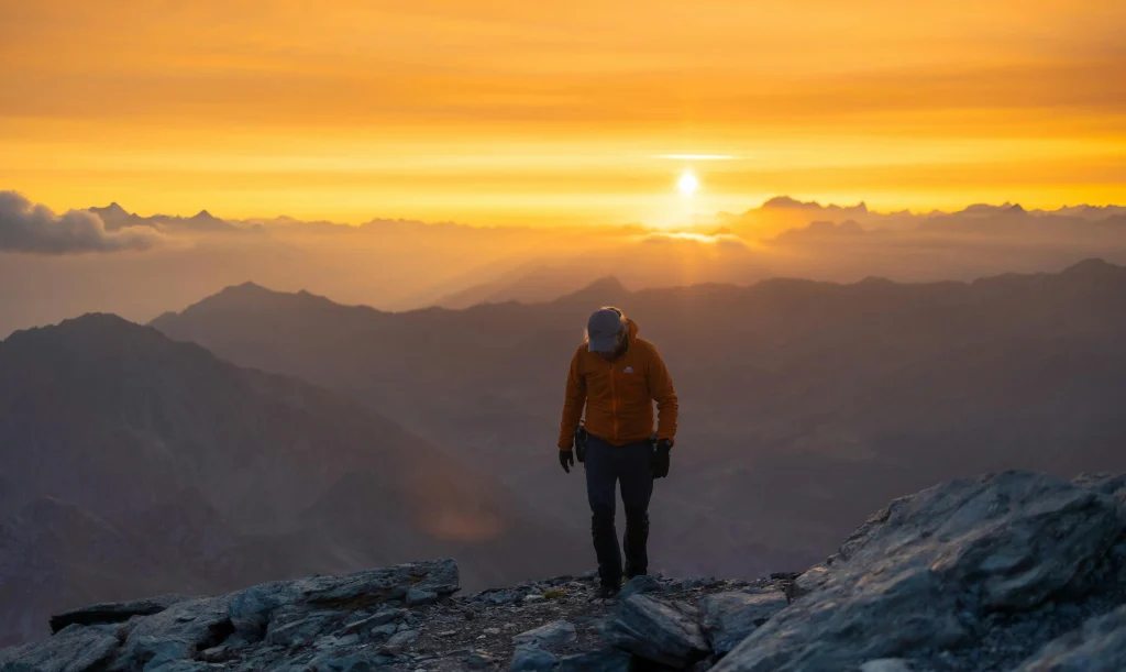view of a man walking on a cliff with the sunset in the backdrop